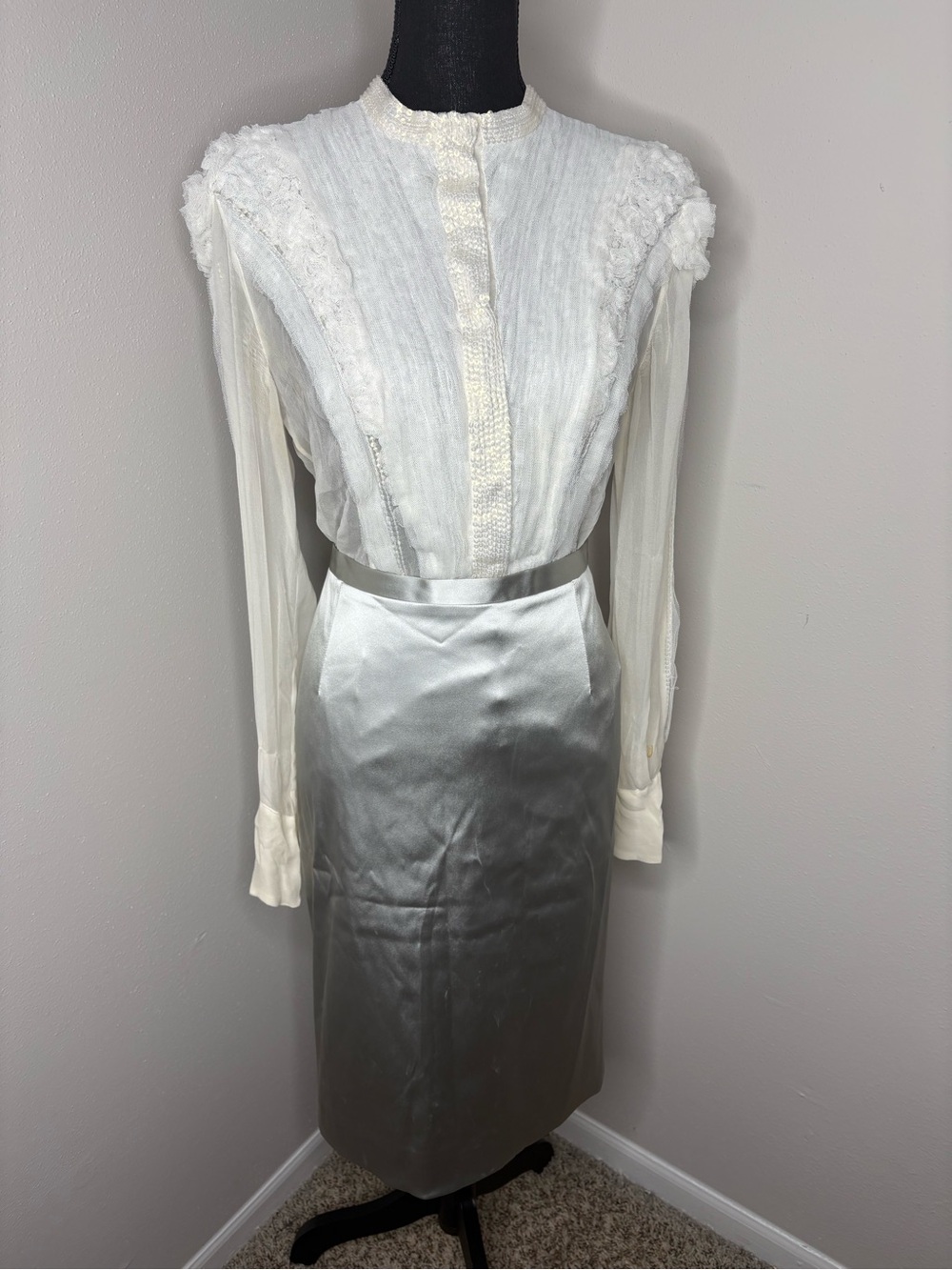 Givenchy Ivory Satin and Silver-Gray Sheer Blouse